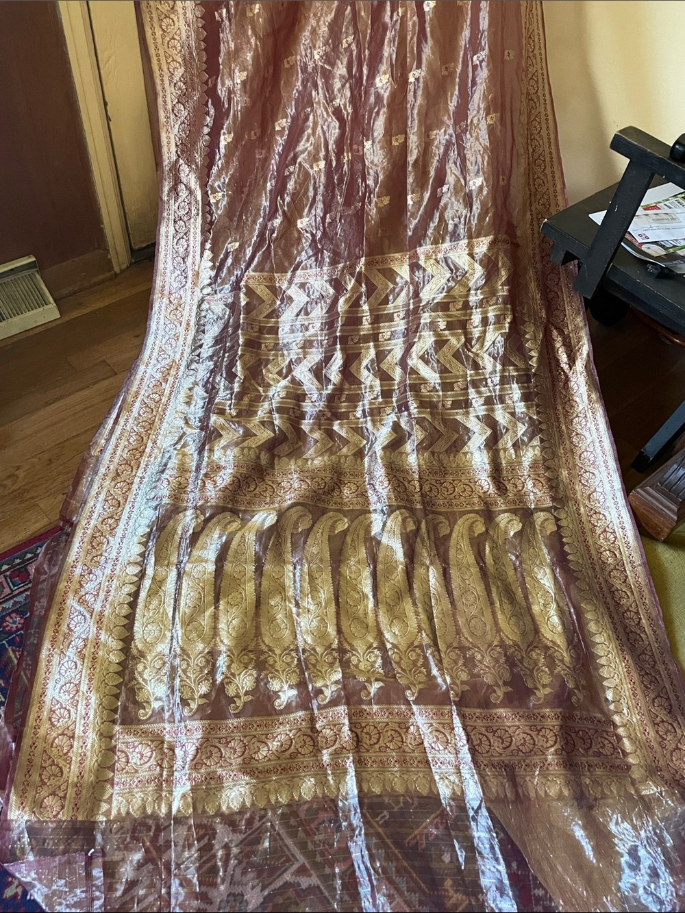 Ornate Gold Metallic Saree Panel with Magenta Embroidery